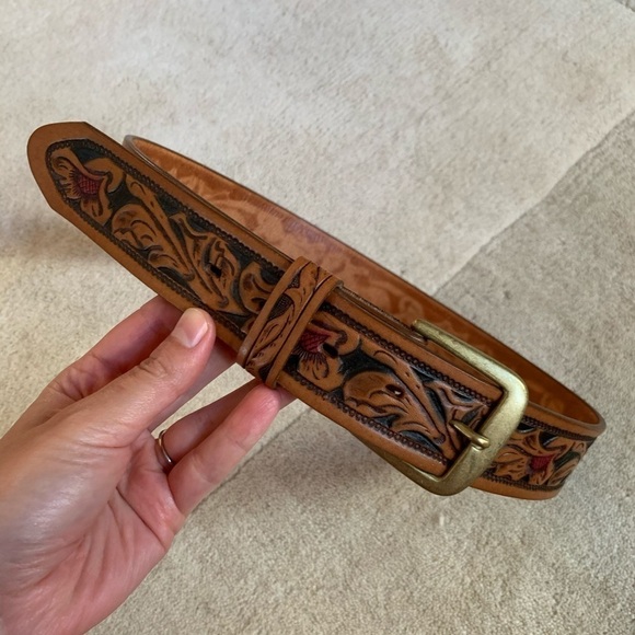 J. Crew Embossed Painted Southwestern Leatherwork Boho Western leather Belt - Picture 1 of 8